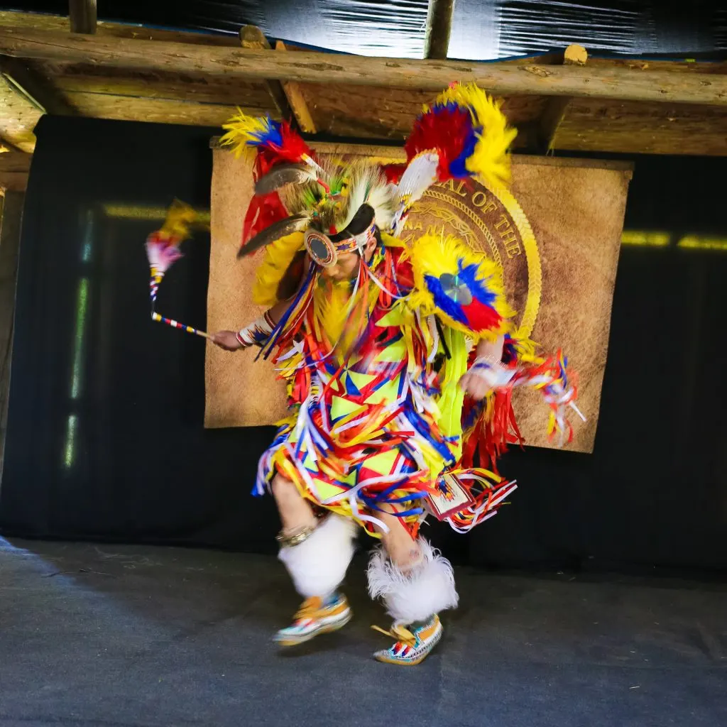 A traditional First Nations dance at Spotted Elk Camp in Calgary, Canada, performed by a young Tsuut'ina man.