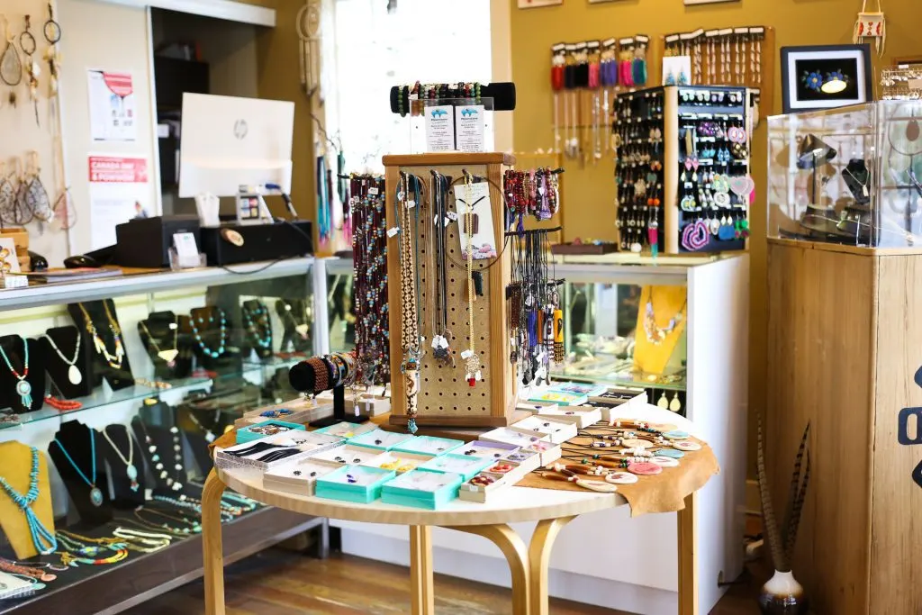All manner of First Nations crafted art and jewelry at Moonstone Creation in Calgary, Canada.