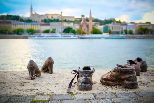 60 pairs of steel shoes represent Jewish men, women and children who were murdered during WWII