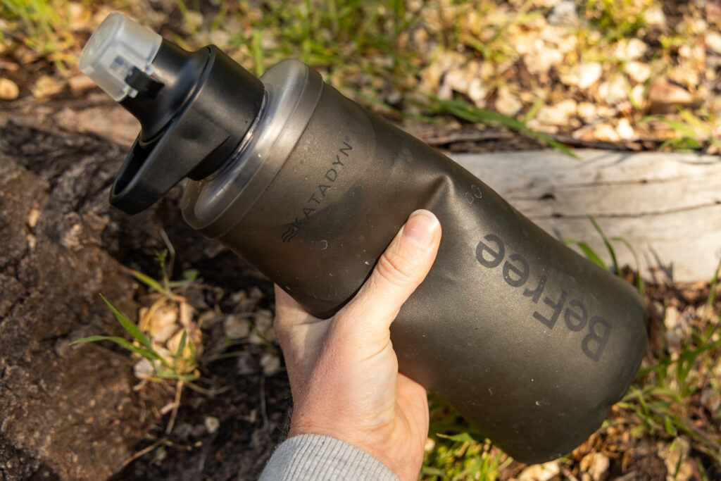 A Katadyn BeFree collapsible filter bottle.