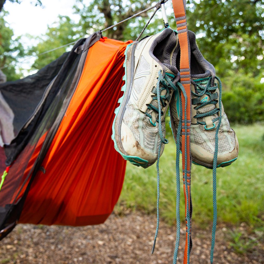 Sustainable outdoor gear: Kammok camping hammock and Altra shoes