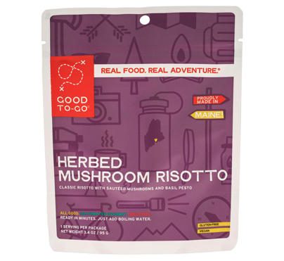 good-to-go backpacking meals: herbed mushroom risotto is a Vegan Backpacking Meal