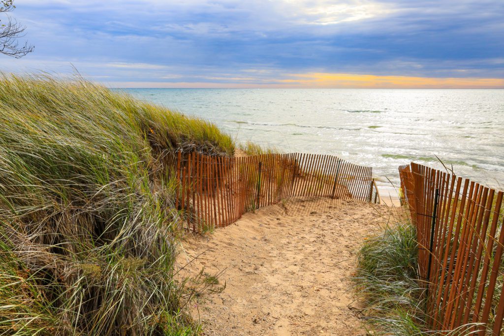 A view of the beach and the bay at Whitefish Dunes State Natural Area in Door County, Wisconsin.