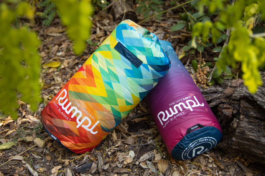 Rumpl puffy blankets packed up and ready for camping.