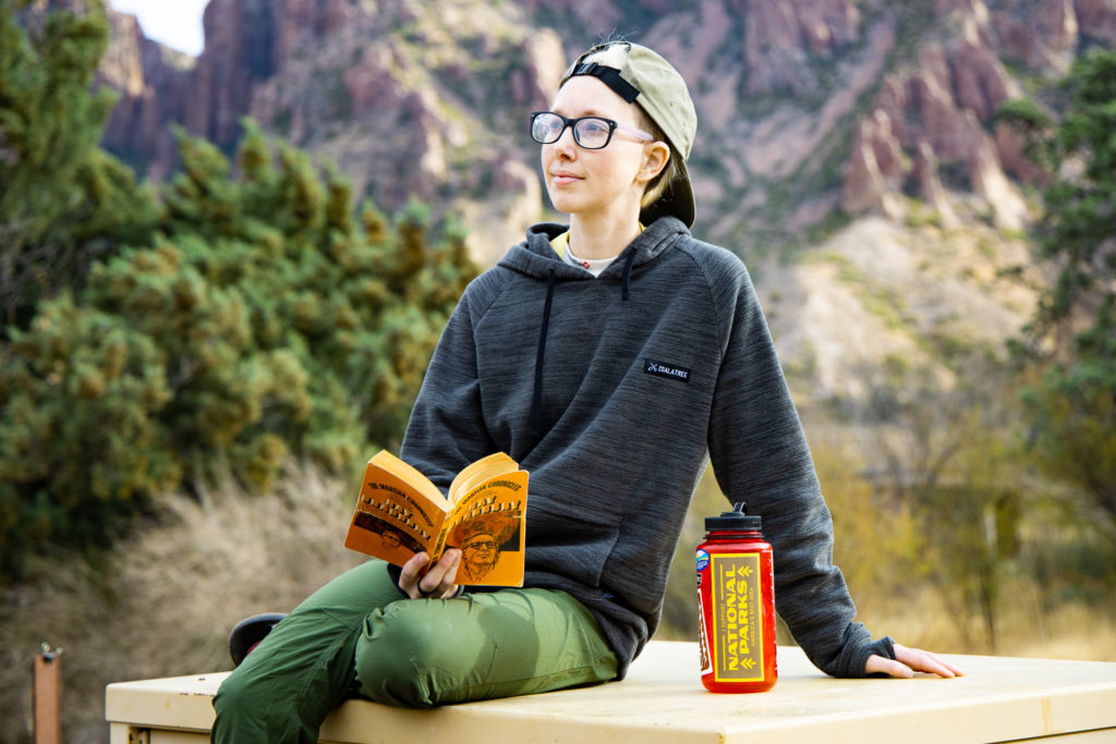 Alisha in Big Bend National Park sporting her Coalatree Evolution hoodie made of more sustainable fleece.