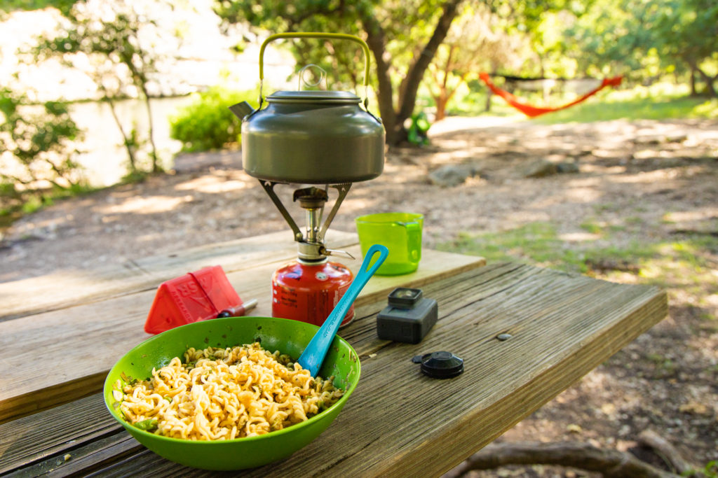 A backpacking meal of ramen and veggies at Lost Maples State Park, Texas.