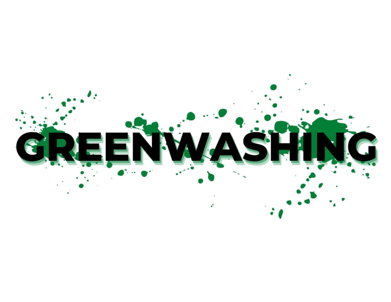 Greenwashing in bold type with green paint splatters