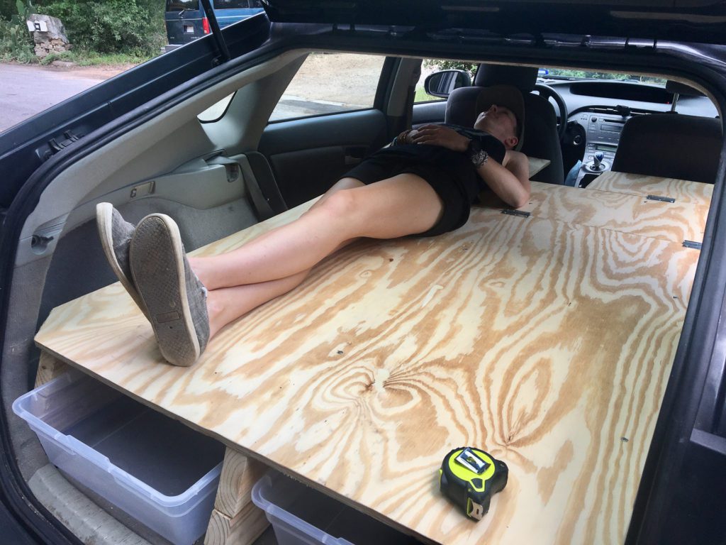 The Prius platform freshly built and Alisha stretched out to see how it feels