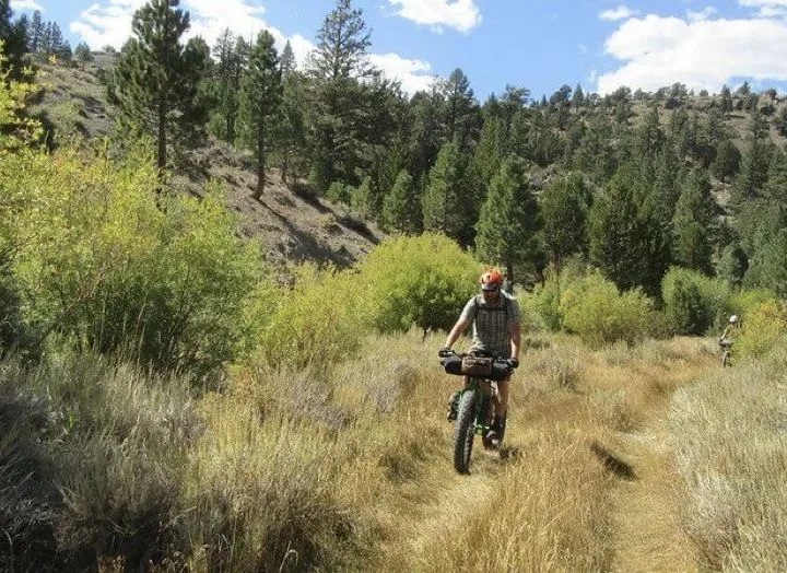 intro to bikepacking, mountain biking down a meadow trail