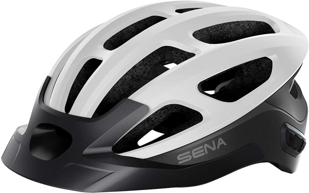 Side view of the Sena R1 Evo Cycling Smart Helmet in white.