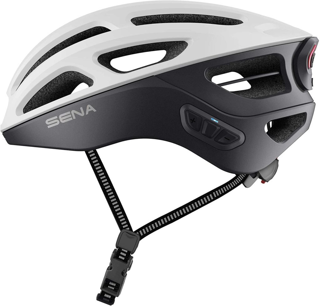 A side view of the Sena R1 Evo Cycling Smart Helmet buttons.
