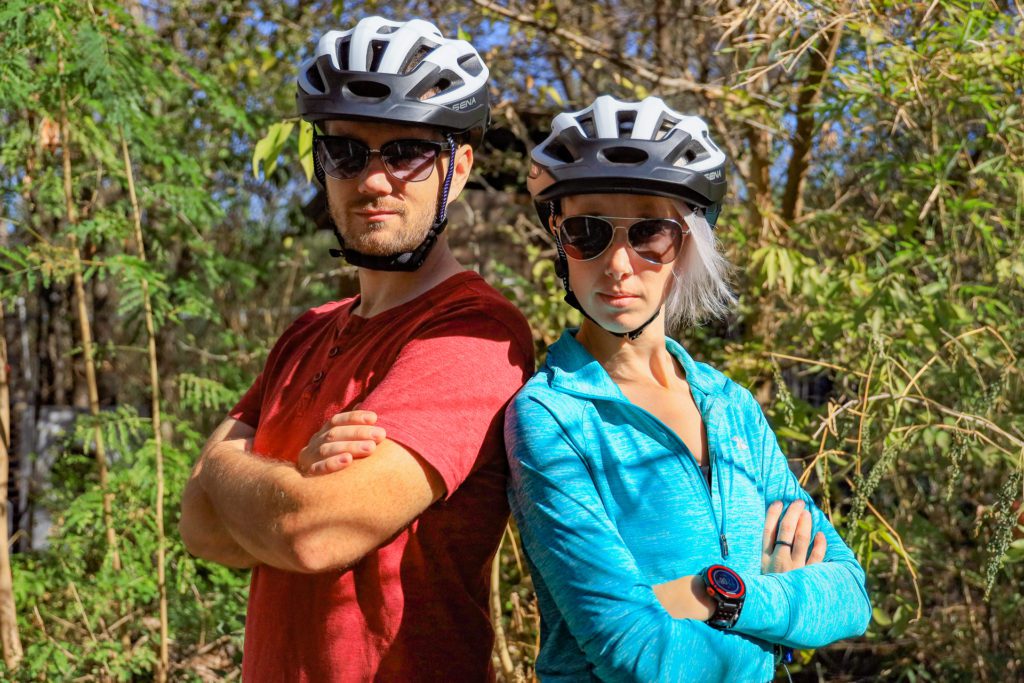 Josh and Alisha sporting their Sena R1 Evo Cycling Smart Helmets.