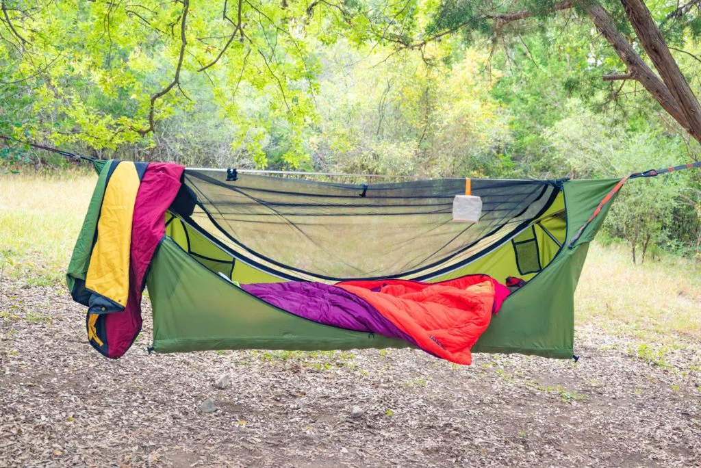 Haven Tent Lay-Flat Camping Hammock hung outside and ready for sleep.