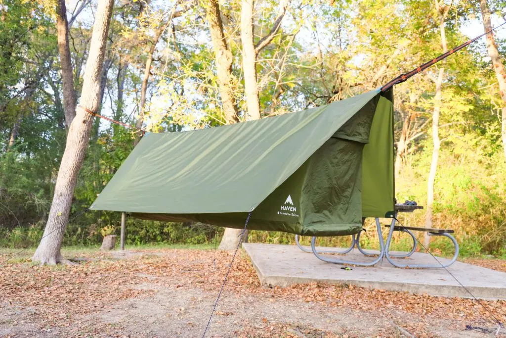 The Haven Tent camping hammock with rain fly.