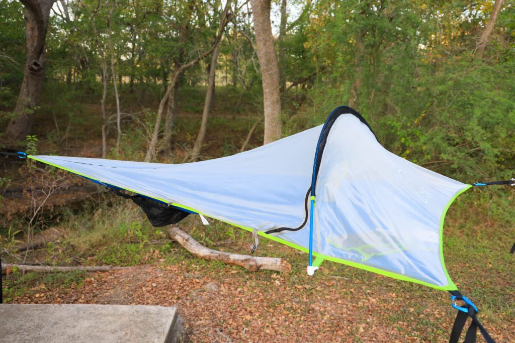 Tentsile Una Review: One-person Tree Tent for camping. Hung up without the rainfly.