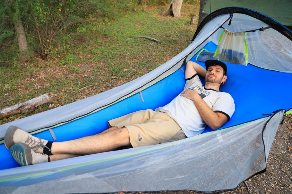 Josh lounging in the Tentsile Una tree tent.