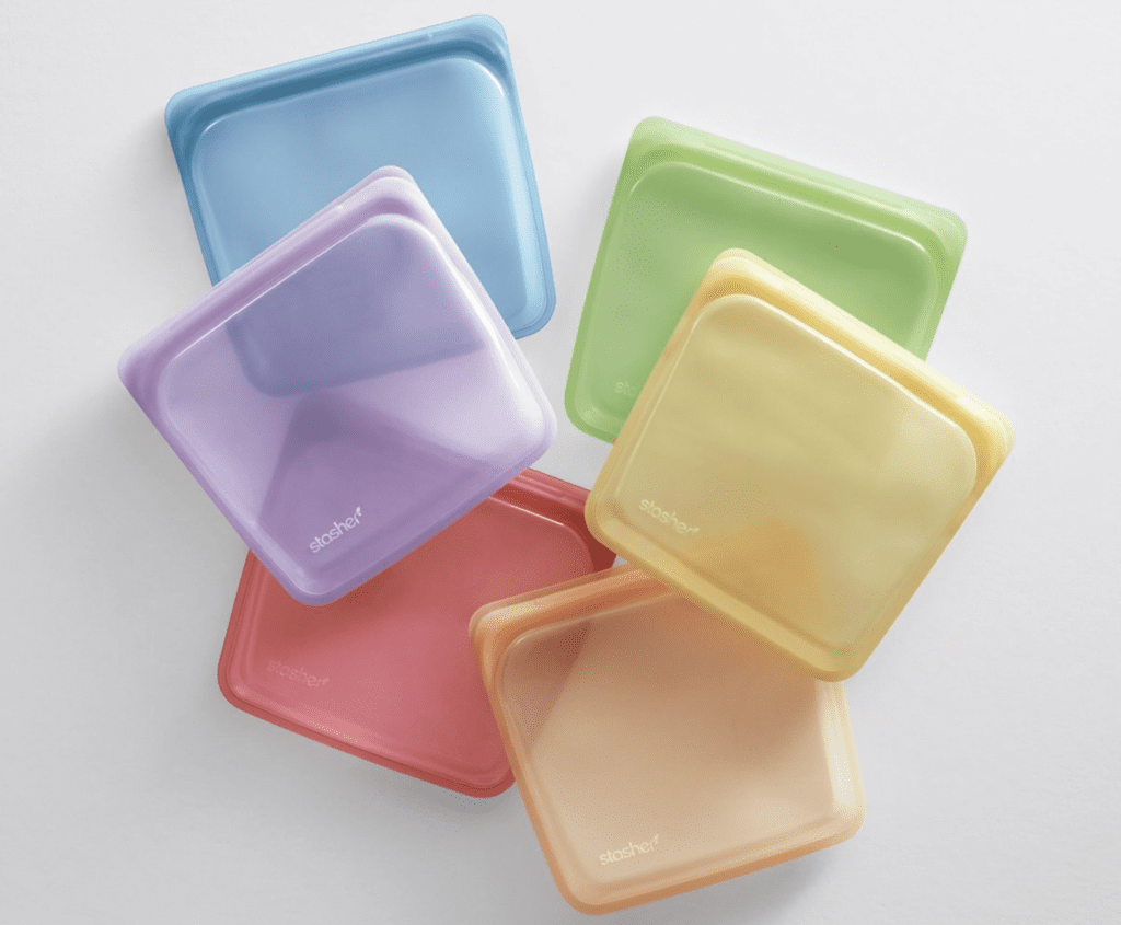 Multicolored Stasher Bags are washable, freezable, microwavable and reusable for more sustainable snacking.