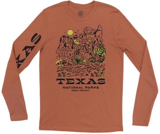 Outdoorsy Brands that Give Back: Park Project long sleeve Tee with Texas National Parks.