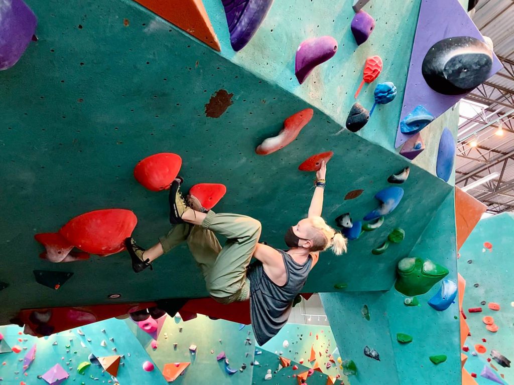 Bouldering in the prAna ReZion Alana Joggers.