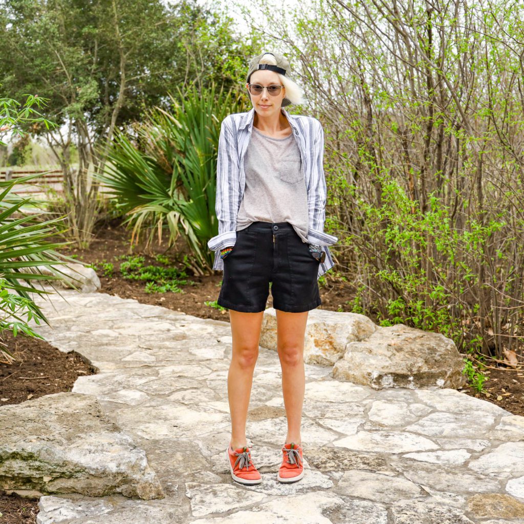 Alisha in a pair of black Jungmaven hemp Venice shorts (and hemp Rackle Shoes).