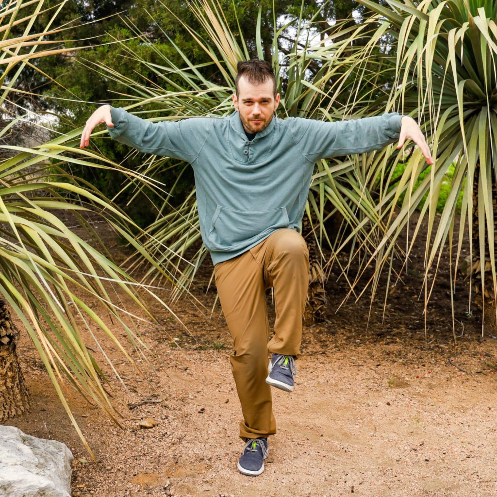 Josh goofing off in his Jungmaven Hemp Clothing Whittier sweatshirt