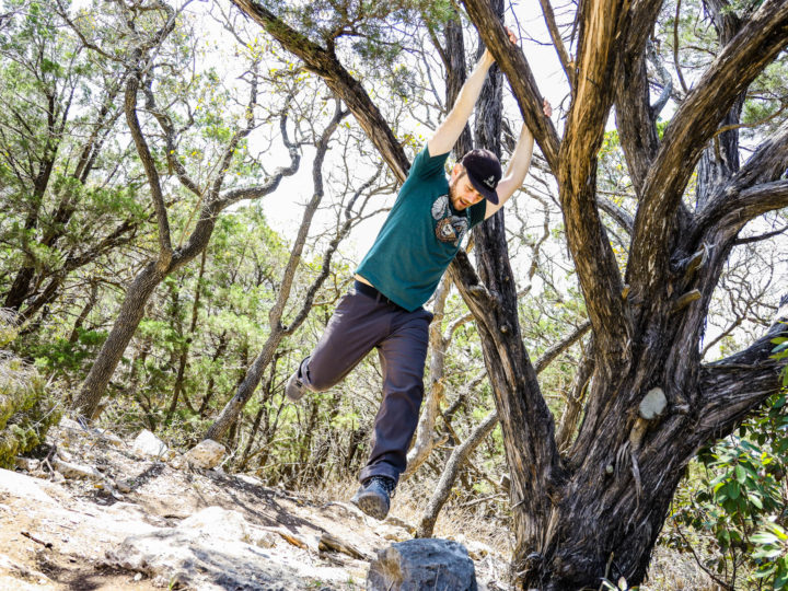 Josh swinging from a tree in prAna ReZion Alameda Pants
