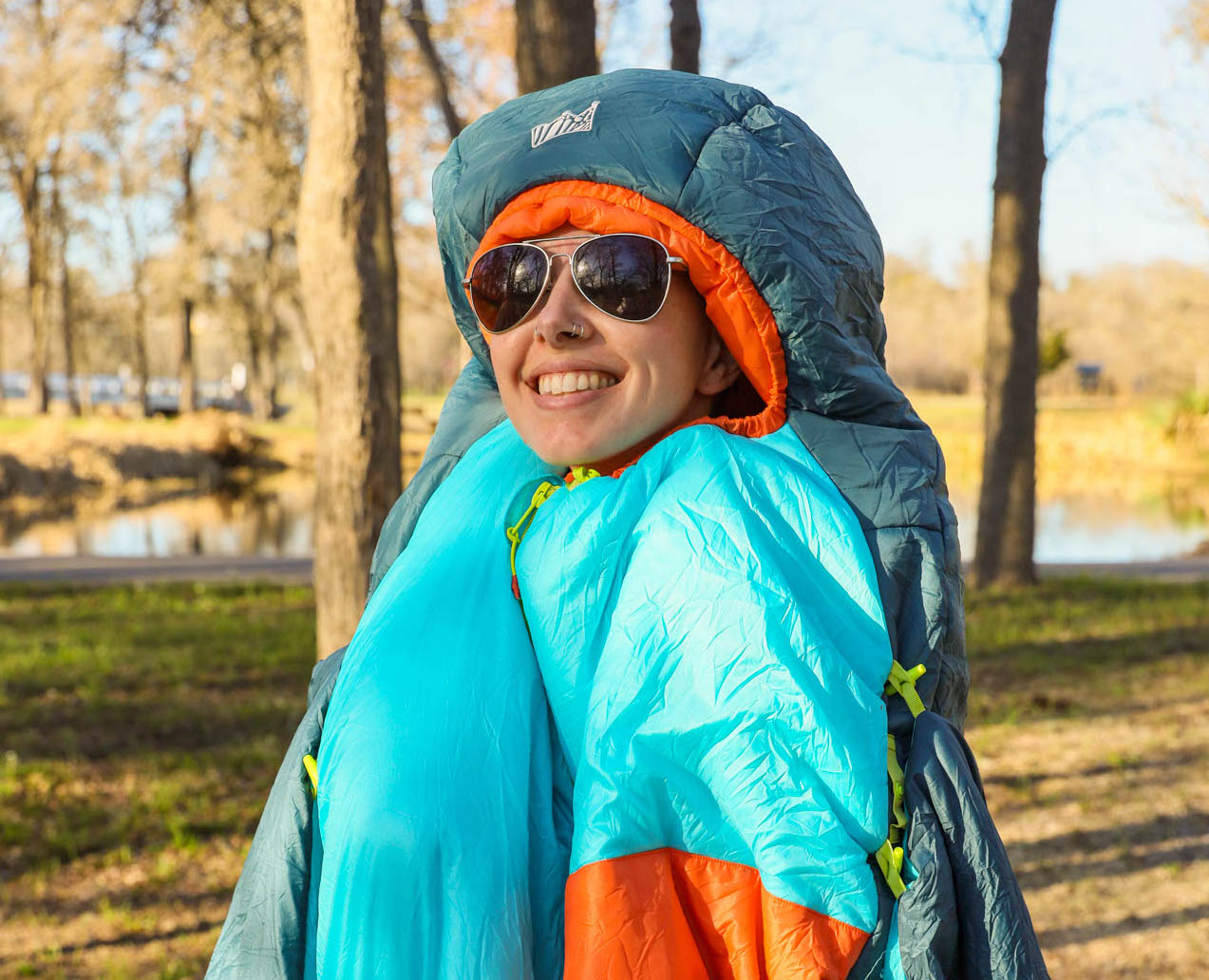 Getting cozy in the UST Monarch sleeping bag.