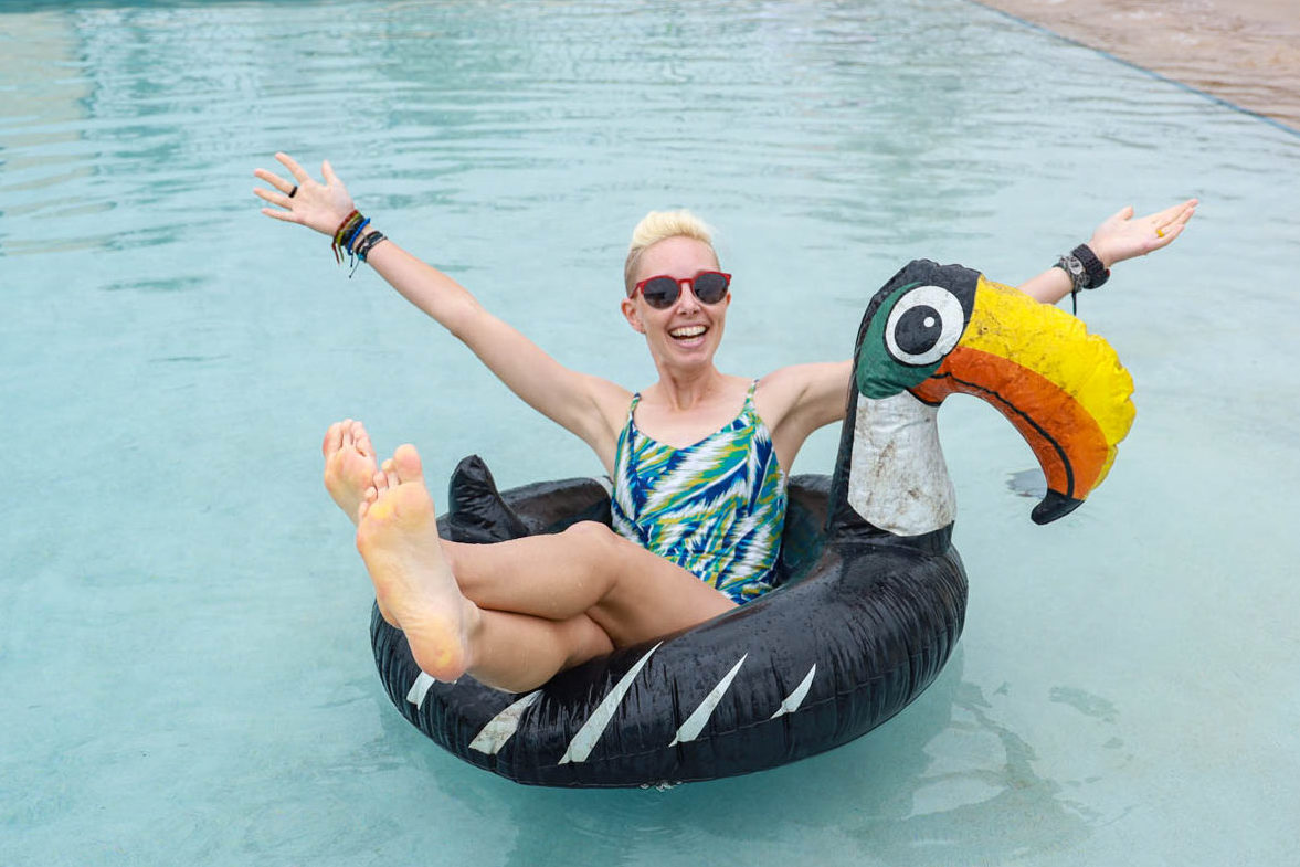 Lounging in the pool in my prAna one-piece swimsuit.