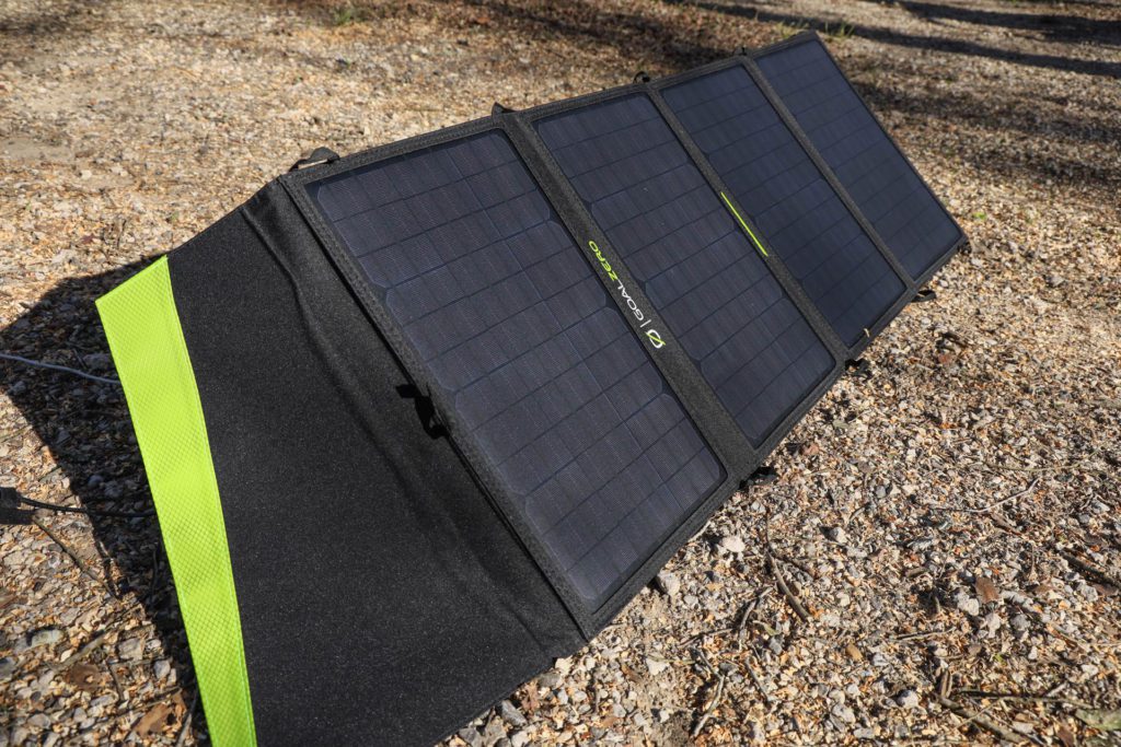 The Goal Zero Nomad 50 Solar panel array set up to charge.