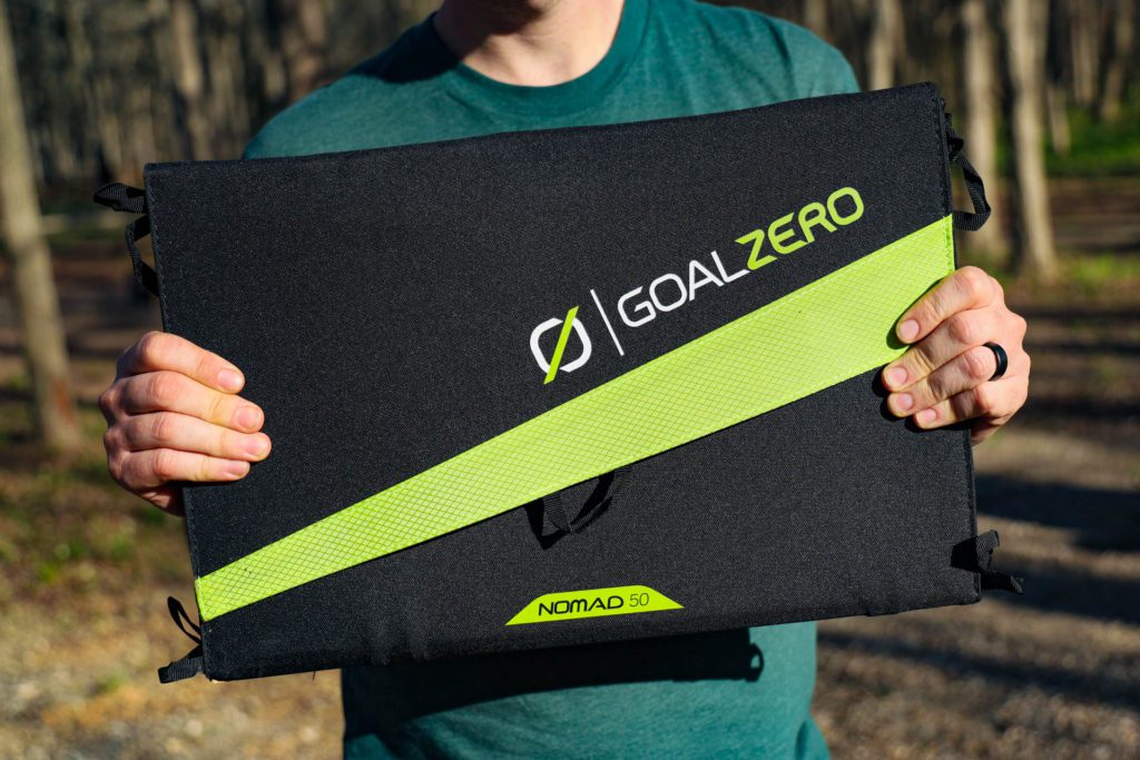 The Goal Zero Nomad 50 Solar panel all folded up.