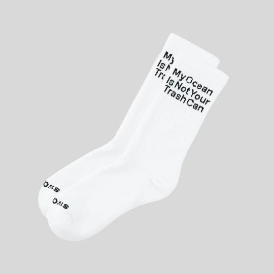 Swaggr crew socks that say "My ocean is not your trashcan."