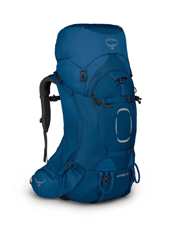 The men's Osprey Aether 55 sustainable backpack in blue.