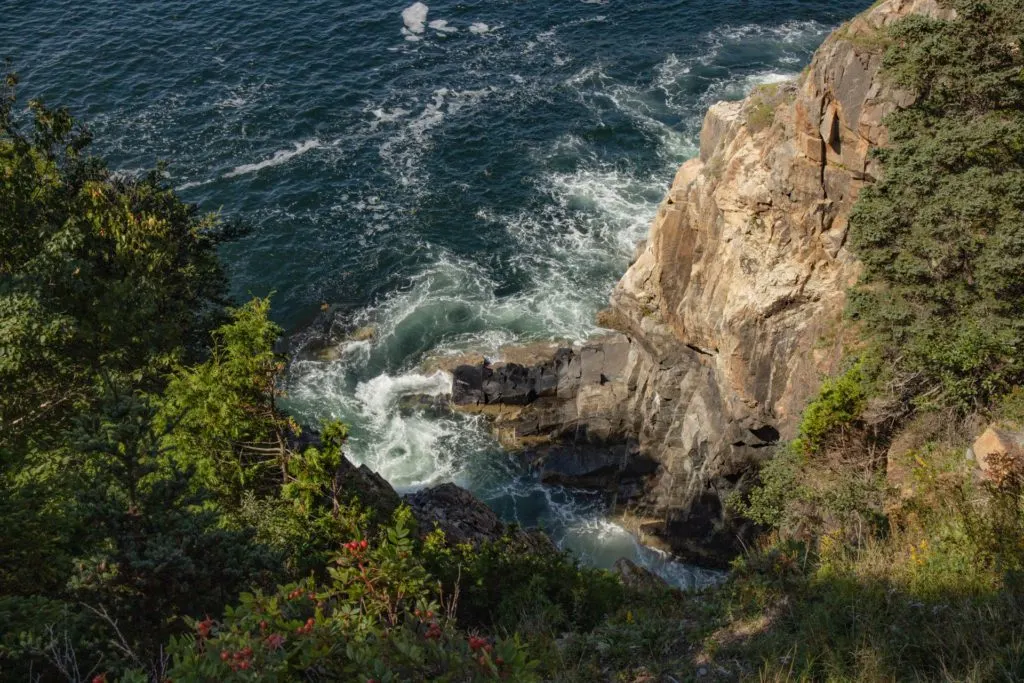 A view of cliffs and churning water from the Park Look Road in Acadia National Park.