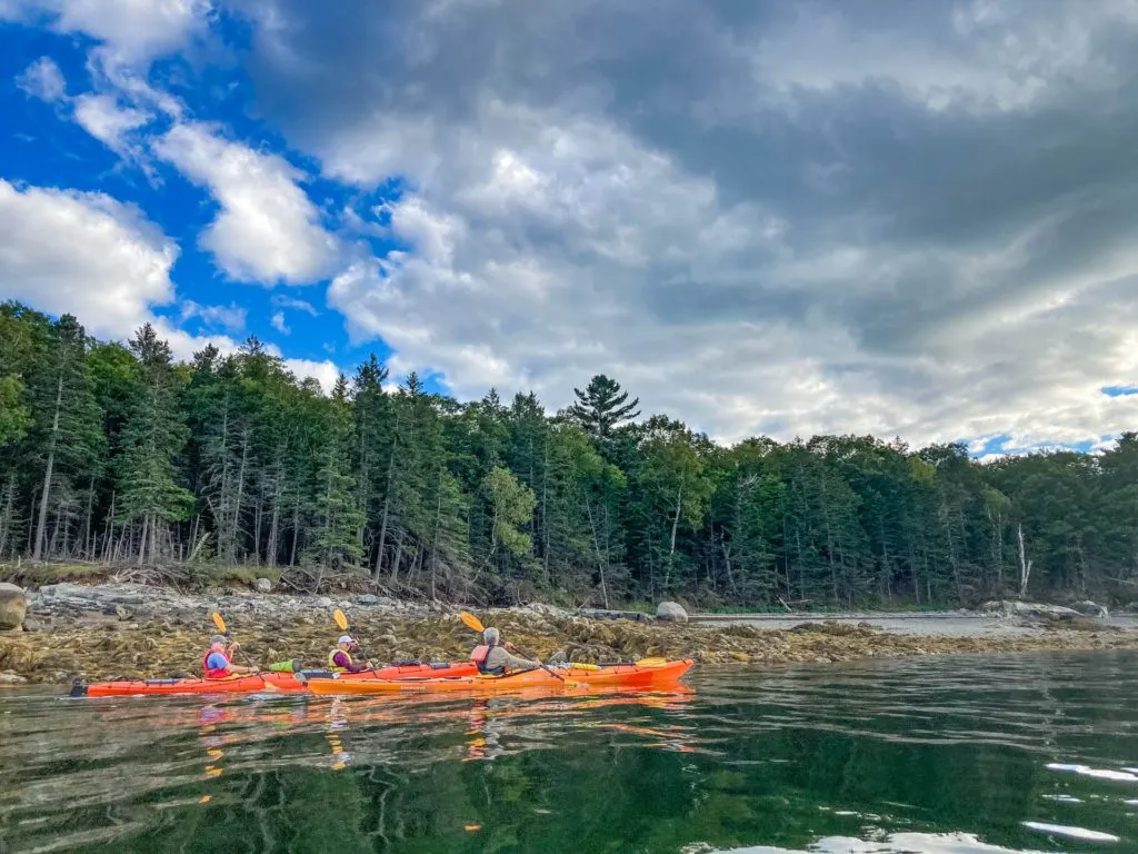 Two kayaks on the water near Bar Harbor, Maine.