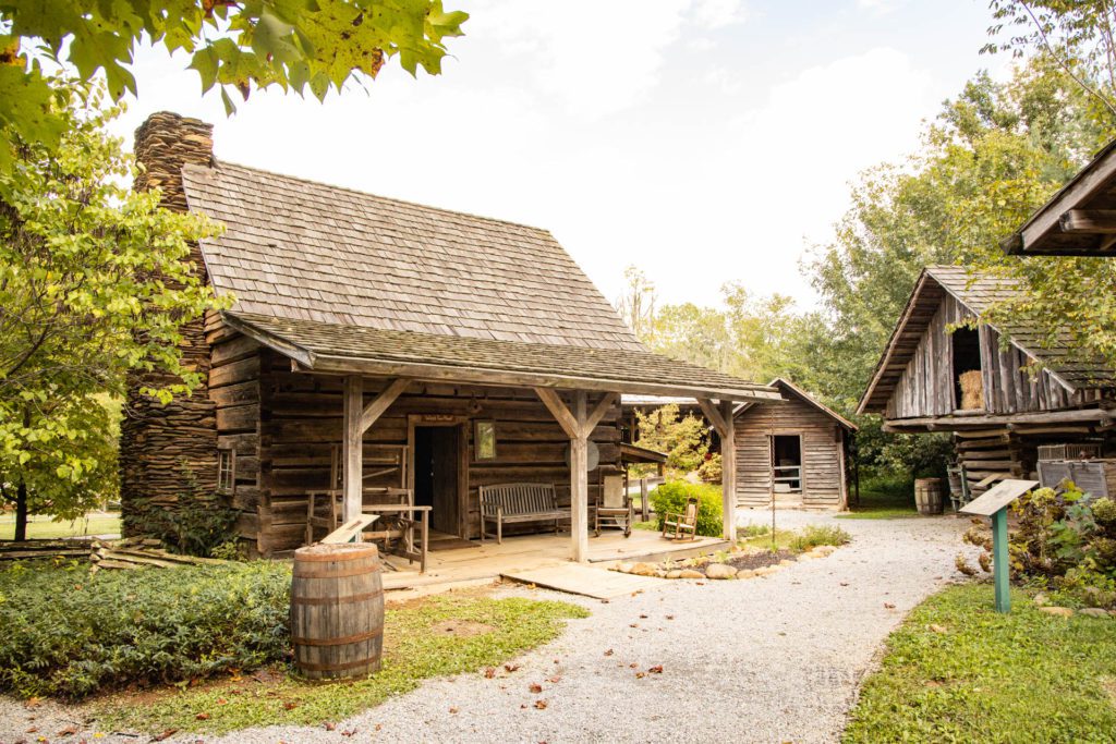 Historic structures at the Great Smoky Mountains Heritage Center.