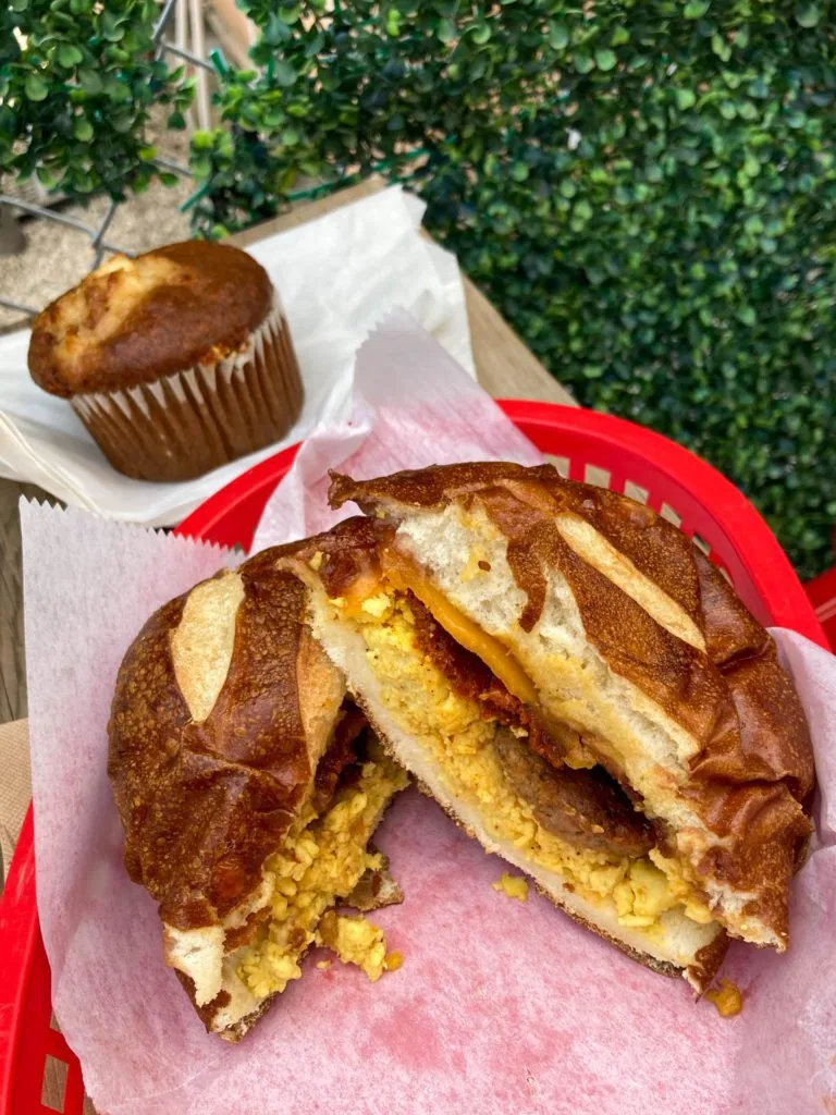 A delicious vegan breakfast sandwich and muffin from Sinfull Bakery.