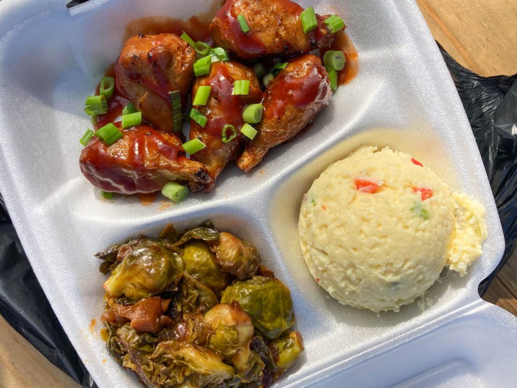 Wangs, brussles and potato salad from Houston Sauce Pit.