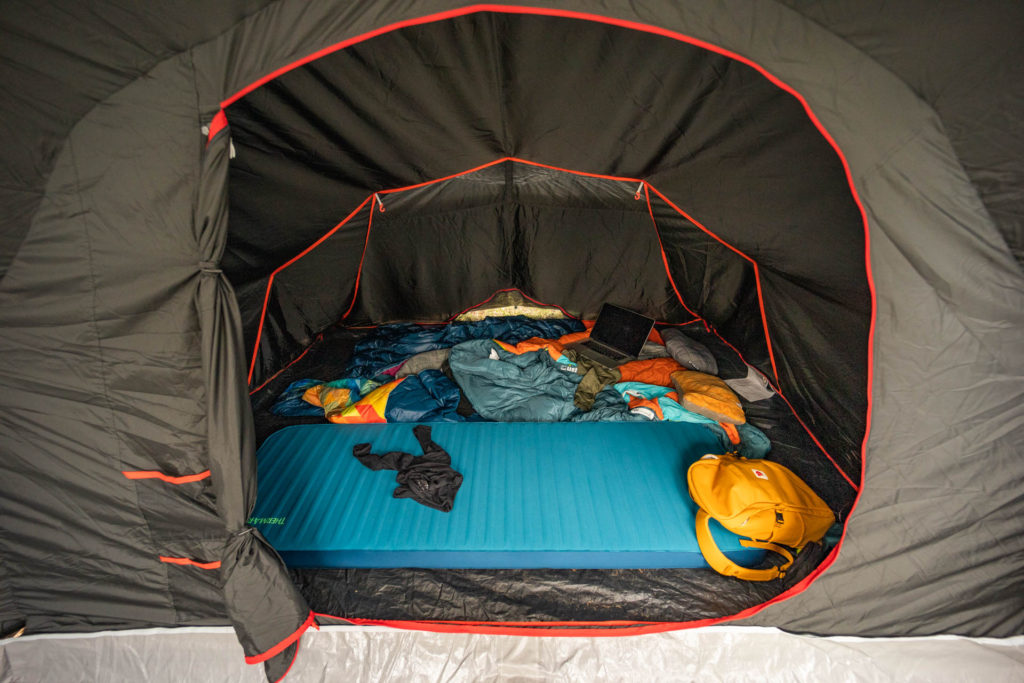 The spacious inside of the Decathlon Fresh and Black Air Seconds inflatable tent with 2 sleeping pads (but room for 4).