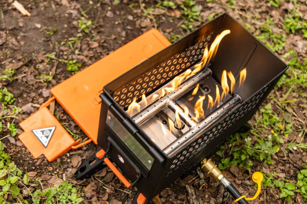 The inside of the Ignik FireCan with flames ablaze.