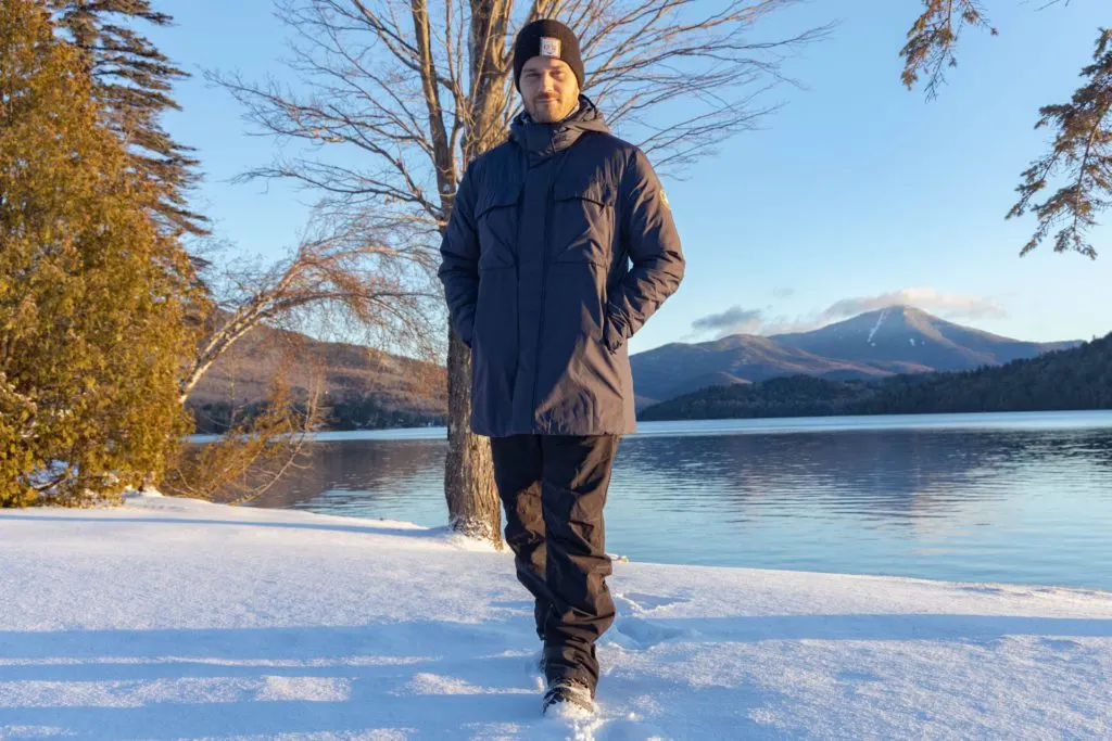 Man in a Save the Duck Biodegradable coat by Lake Placid.