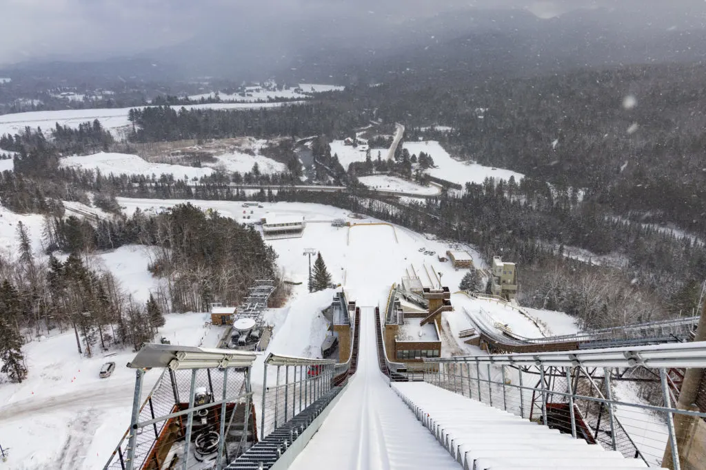 Looking down a ski jump at the Olympic Jumping Complex in Lake Placid, NY
