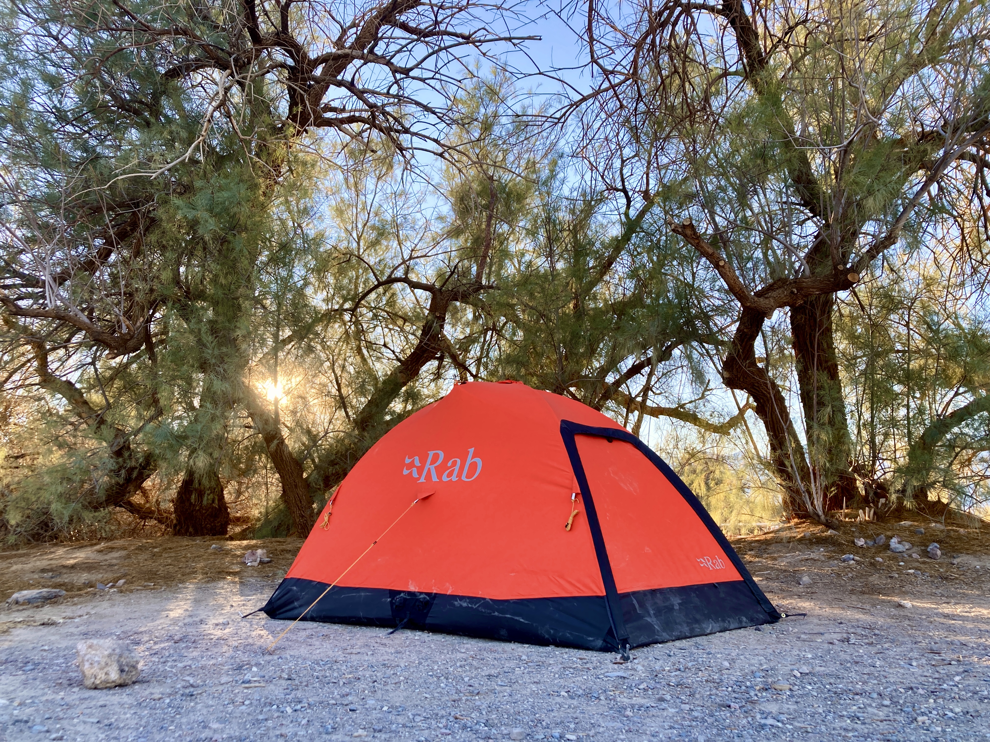 The Rab Latok Mountain 2 Tent at Furnace Creek Campground in Death Valley National Park.