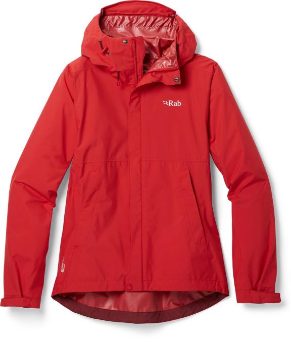 The women's Rab Downpour Eco sustainable rain jacket in red.