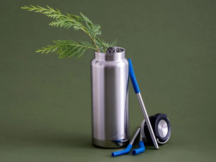 A Klean Kanteen TKWide bottle and stainless steel Straws that are now made with certified 90% post-consumer recycled 18/8 stainless steel.