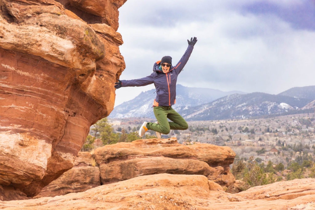 Jumping for joy in the Jack Wolfskin Snow Summit jacket at Garden of the Gods in Colorado Springs.