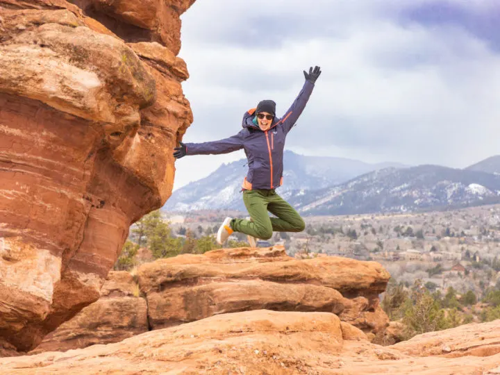 Jumping for joy in the Jack Wolfskin Snow Summit jacket at Garden of the Gods in Colorado Springs.