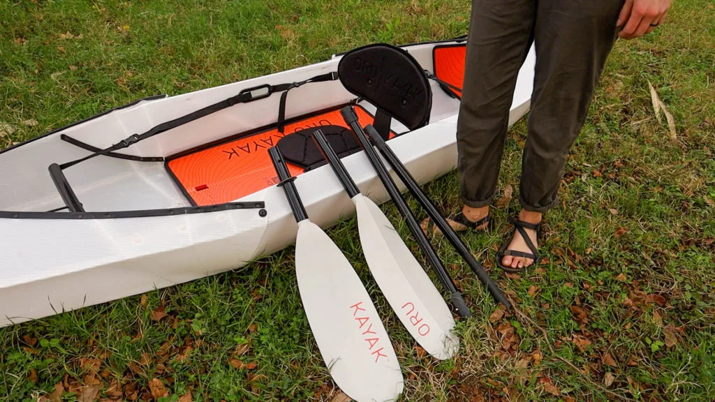 The Oru Beach LT kayak and paddles.