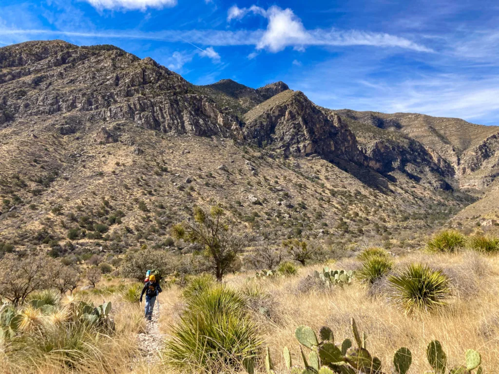 A backpacker in front of mountains in Guadalupe Mountains National Park.