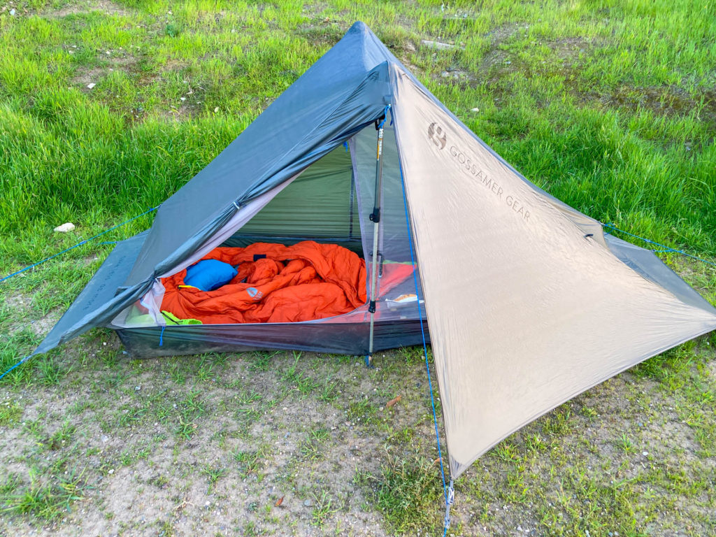 The One from Gossamer Gear shown open with a sleeping bag inside.