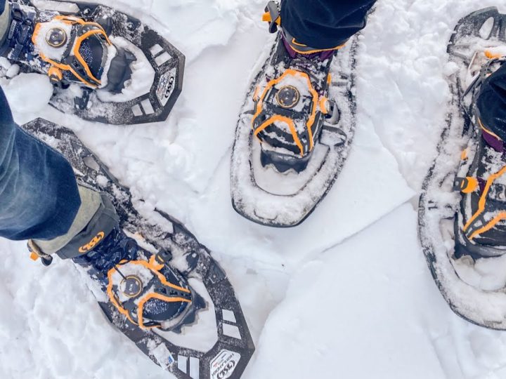 An overhead view of the Symbioz Hyperflex Phoenix and Highlander Adjust snowshoes